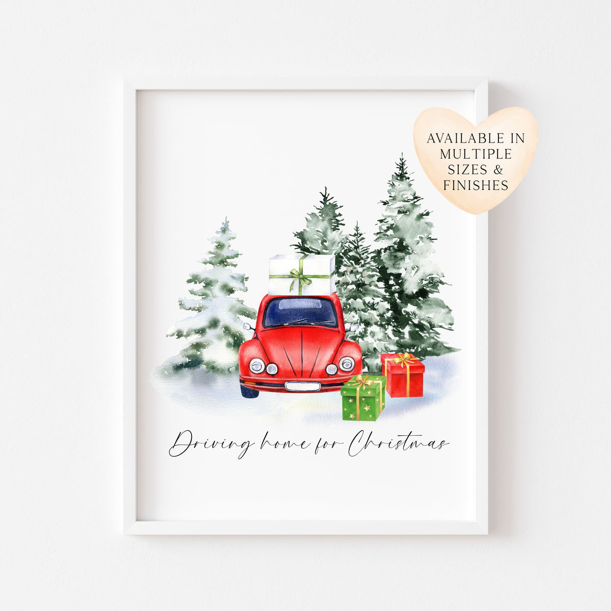 Driving home for Christmas watercolour red car presents & winter scenery unframed wall art poster print