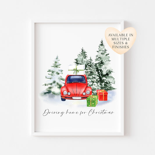 Driving home for Christmas watercolour red car presents & winter scenery unframed wall art poster print