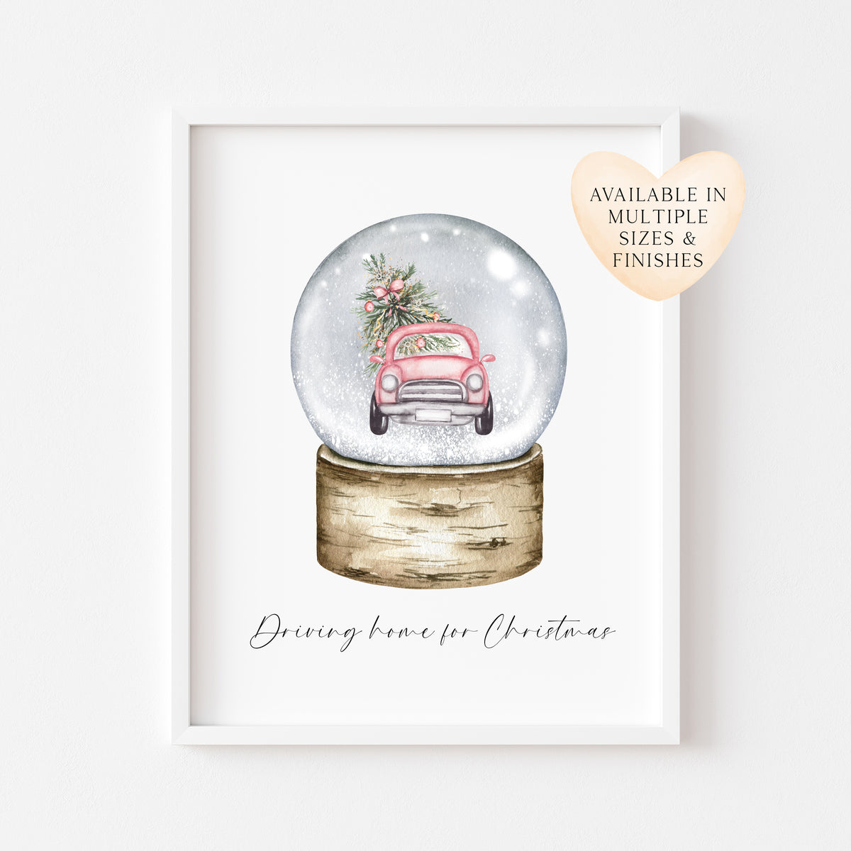 Driving home for Christmas watercolour pink car snow globe seasonal unframed wall art poster print
