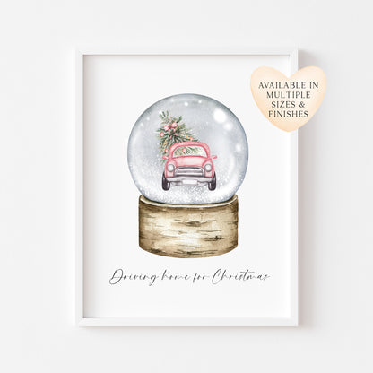 Driving home for Christmas watercolour pink car snow globe seasonal unframed wall art poster print