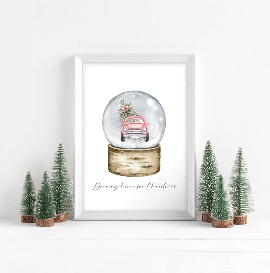 Driving home for Christmas watercolour pink car snow globe seasonal unframed wall art poster print