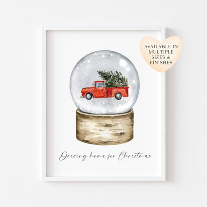 Driving home for Christmas watercolour red truck snow globe seasonal unframed wall art poster print