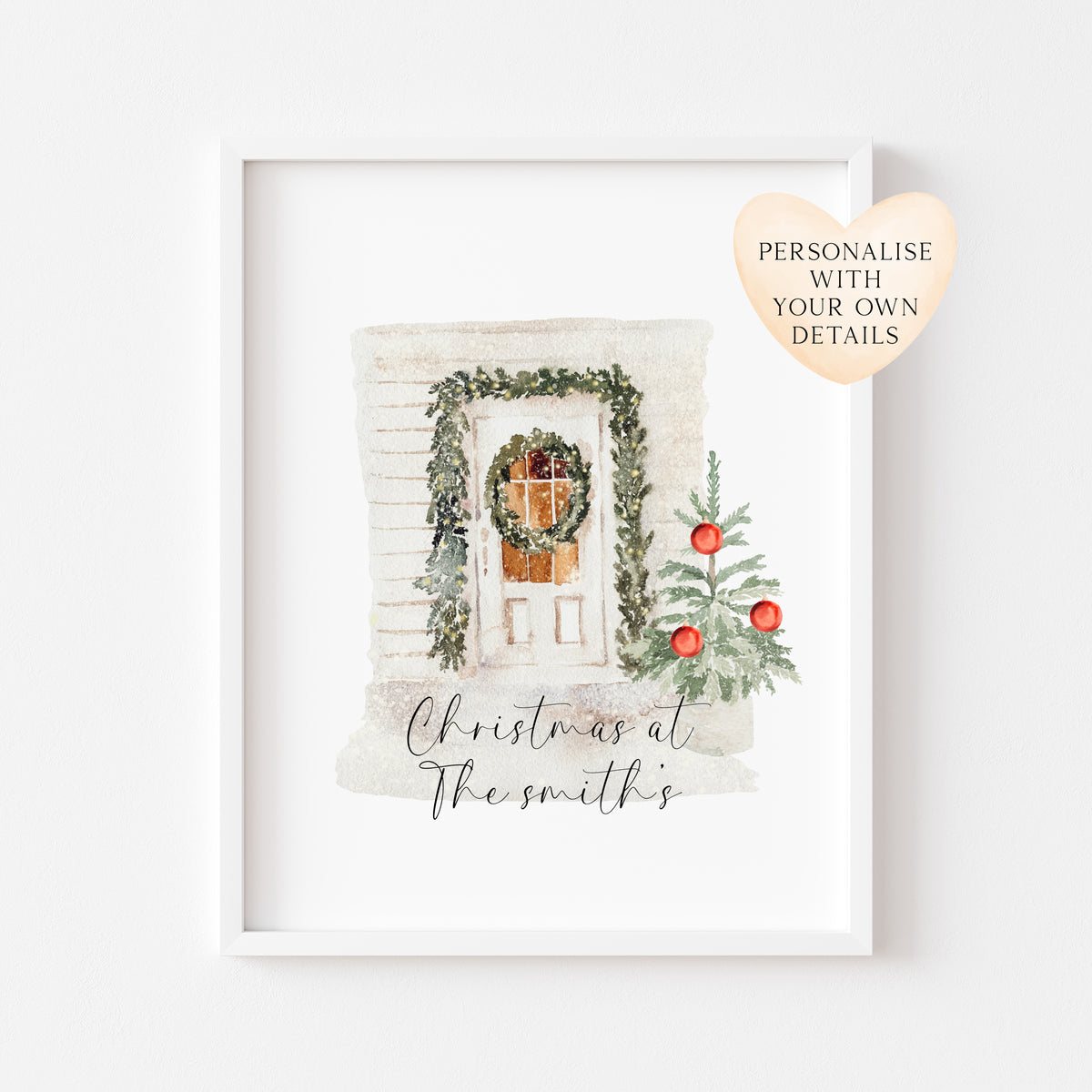 Personalised Christmas house front door print, christmas at no/Christmas with the seasonal watercolour tree