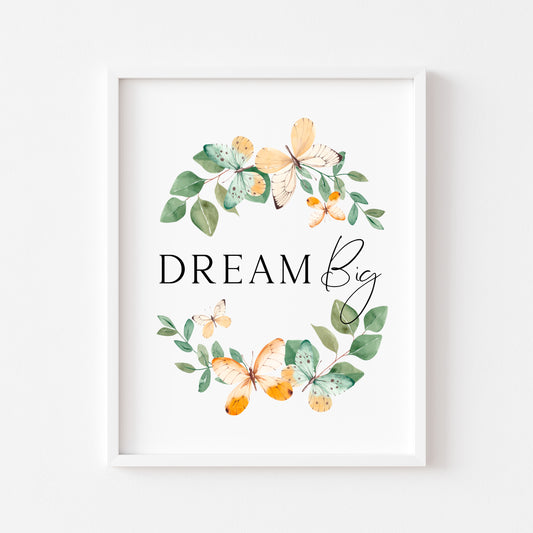 Dream big orange and green butterflies wildflower wreath unframed wall art poster print