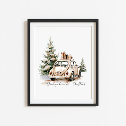 Christmas Car & Tree Art Driving home for Christmas Beige Winter Home Decor unframed wall art
