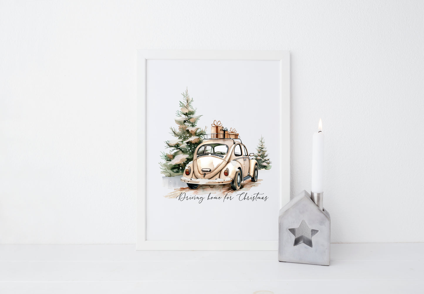 Christmas Car & Tree Art Driving home for Christmas Beige Winter Home Decor unframed wall art