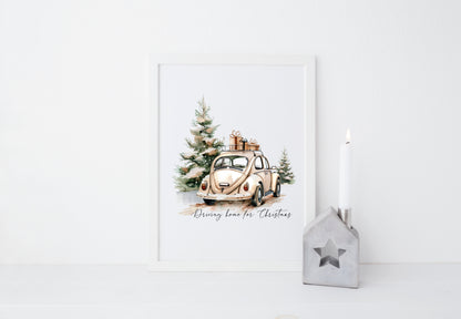 Christmas Car & Tree Art Driving home for Christmas Beige Winter Home Decor unframed wall art