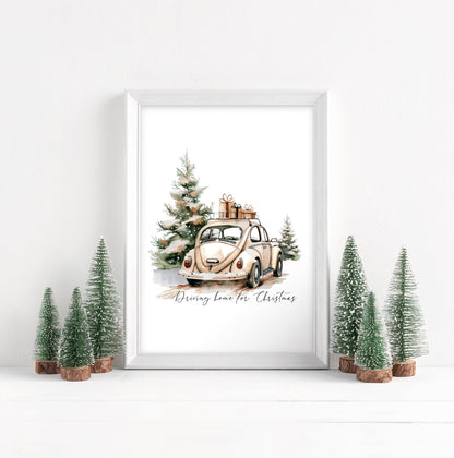 Christmas Car & Tree Art Driving home for Christmas Beige Winter Home Decor unframed wall art