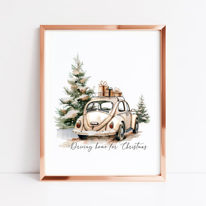 Christmas Car & Tree Art Driving home for Christmas Beige Winter Home Decor unframed wall art