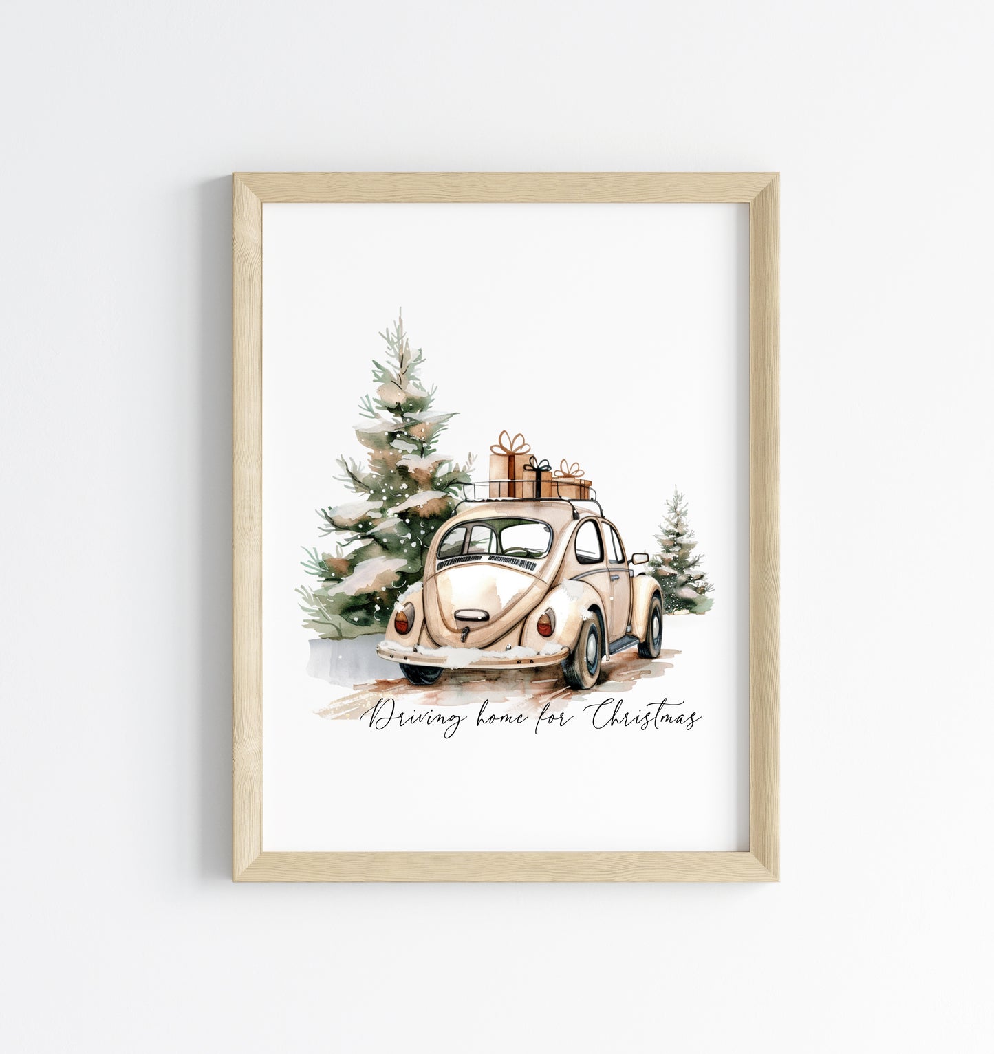 Christmas Car & Tree Art Driving home for Christmas Beige Winter Home Decor unframed wall art