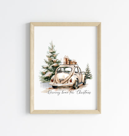 Christmas Car & Tree Art Driving home for Christmas Beige Winter Home Decor unframed wall art