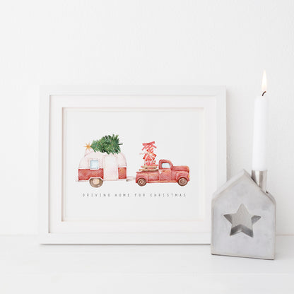 Driving home for Christmas, truck and caravan watercolour illustration seasonal unframed wall art poster print