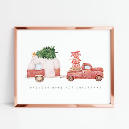 Driving home for Christmas, truck and caravan watercolour illustration seasonal unframed wall art poster print