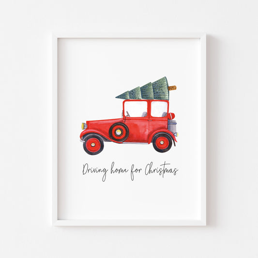 Driving home for Christmas, truck watercolour illustration seasonal unframed wall art poster print