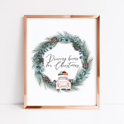 Driving home for Christmas, pink car and wreath watercolour illustration seasonal unframed wall art poster print