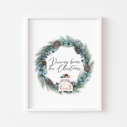 Driving home for Christmas, pink car and wreath watercolour illustration seasonal unframed wall art poster print
