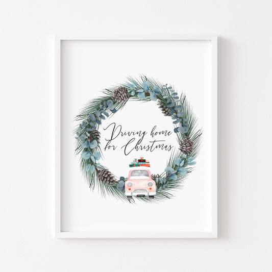 Driving home for Christmas, pink car and wreath watercolour illustration seasonal unframed wall art poster print