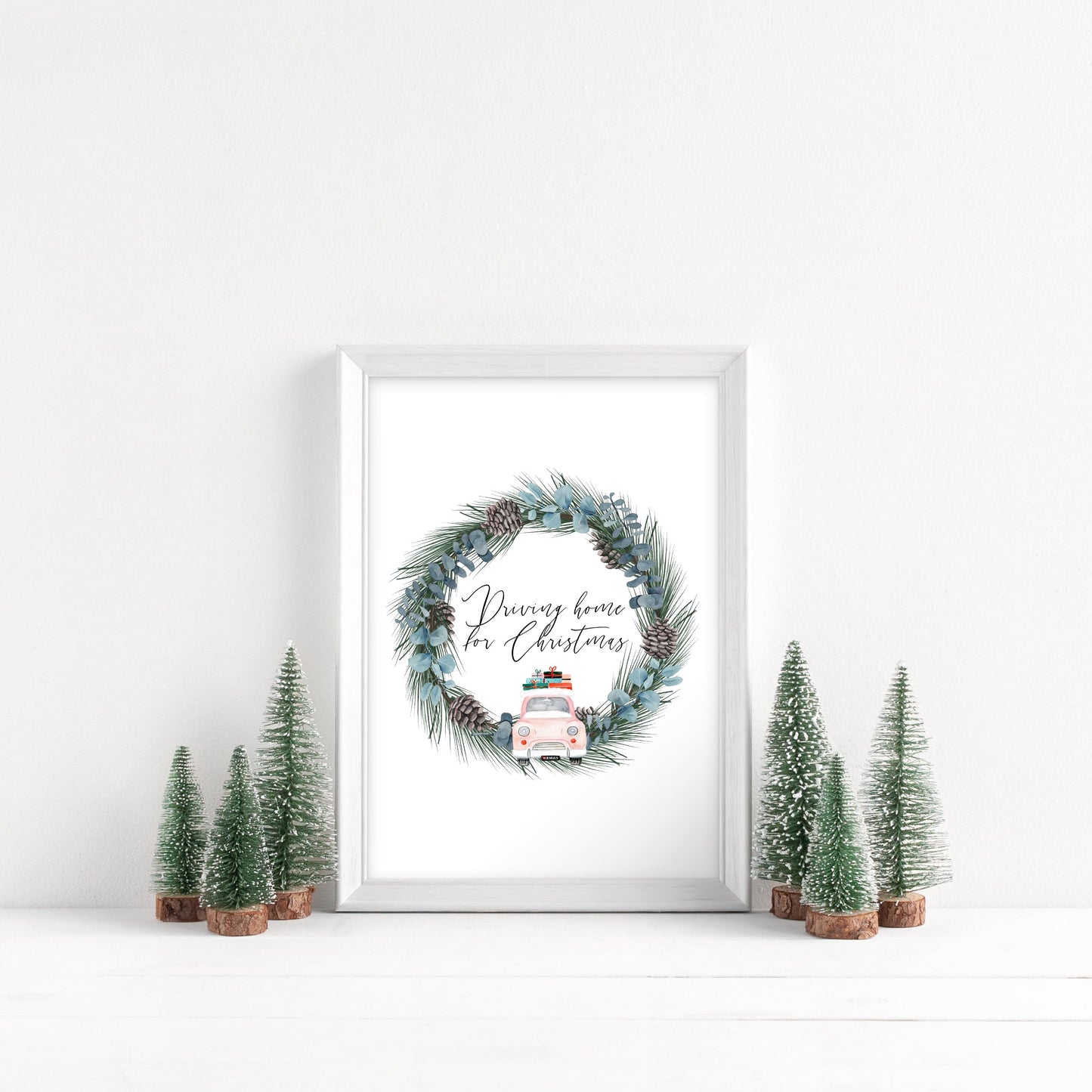 Driving home for Christmas, pink car and wreath watercolour illustration seasonal unframed wall art poster print