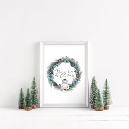 Driving home for Christmas, pink car and wreath watercolour illustration seasonal unframed wall art poster print