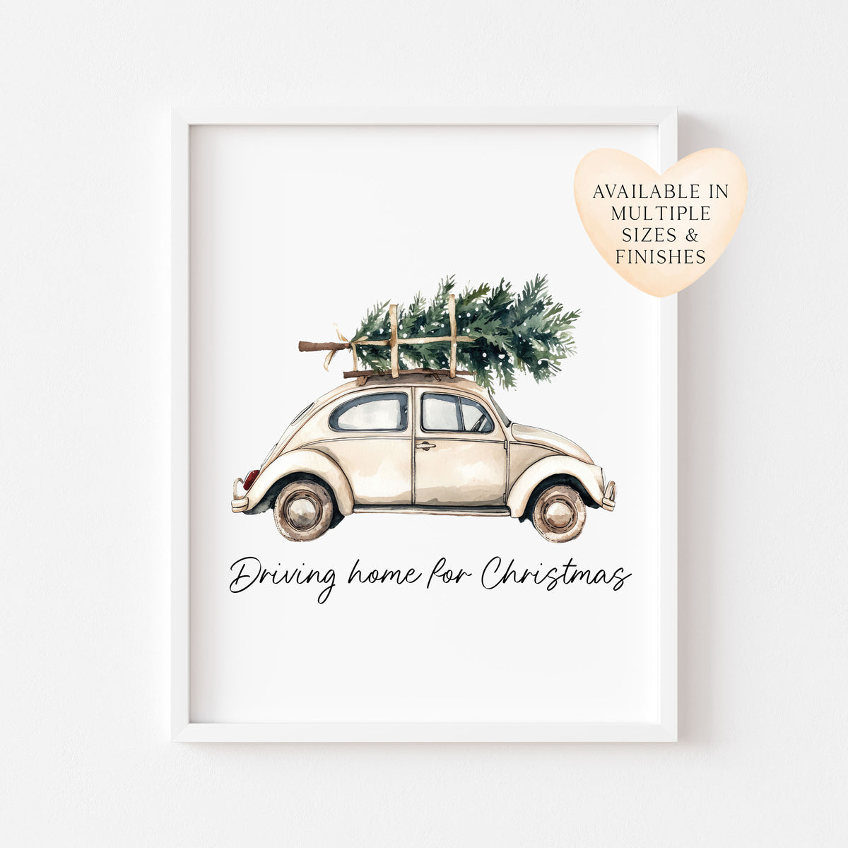 Driving home for Christmas white beige Christmas car & tree seasonal Christmas winter unframed wall art poster print