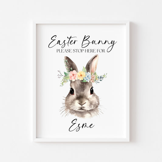 Easter print, easter bunny please stop here for personalised with names, floral easter bunny seasonal unframed wall art poster print