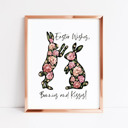 Easter print, Easter wishes bunnies and kisses floral watercolour unframed wall art poster print