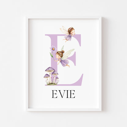 Purple Fairies Initial Print Personalised Nursery wall art Decor (Unframed)