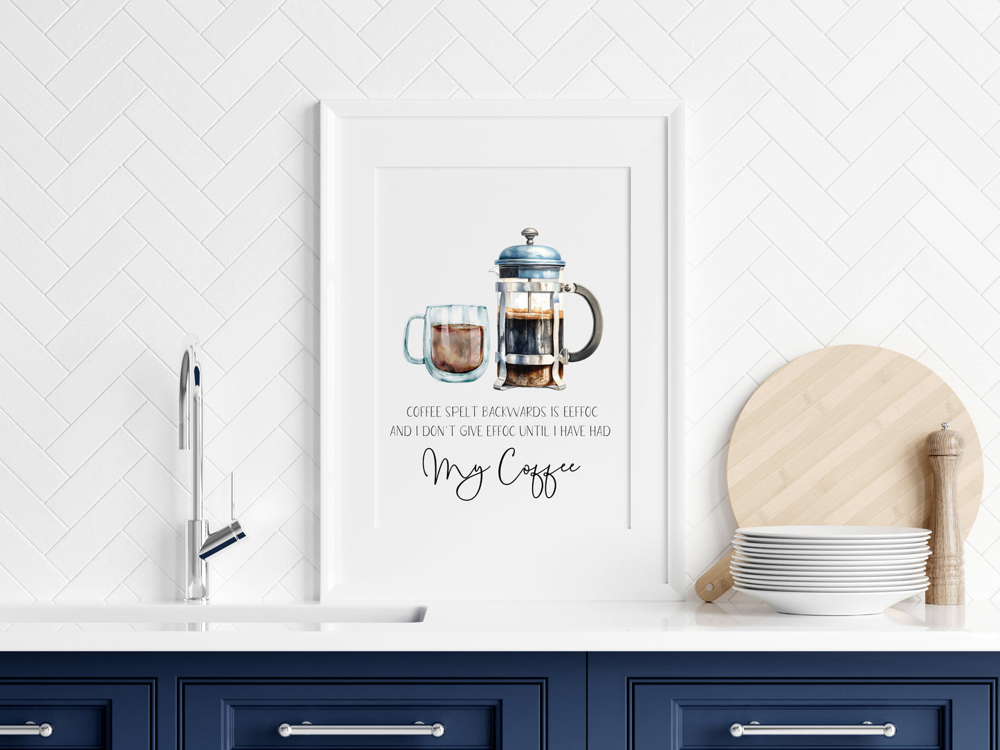 Coffee spelt backwards is EEFFOC and I don't give EEFFOC until I've had my coffee kitchen watercolour funny illustration unframed wall art poster print