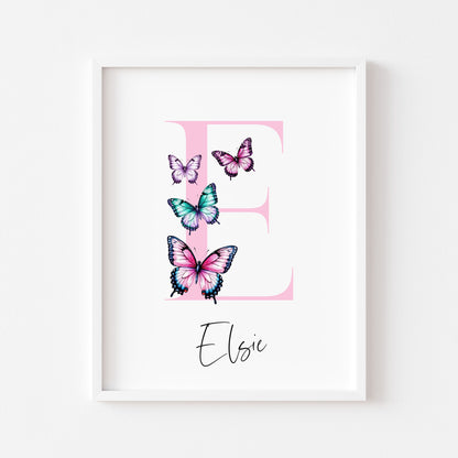 Pink Butterfly Initial Print Personalised Nursery wall art Decor (Unframed)