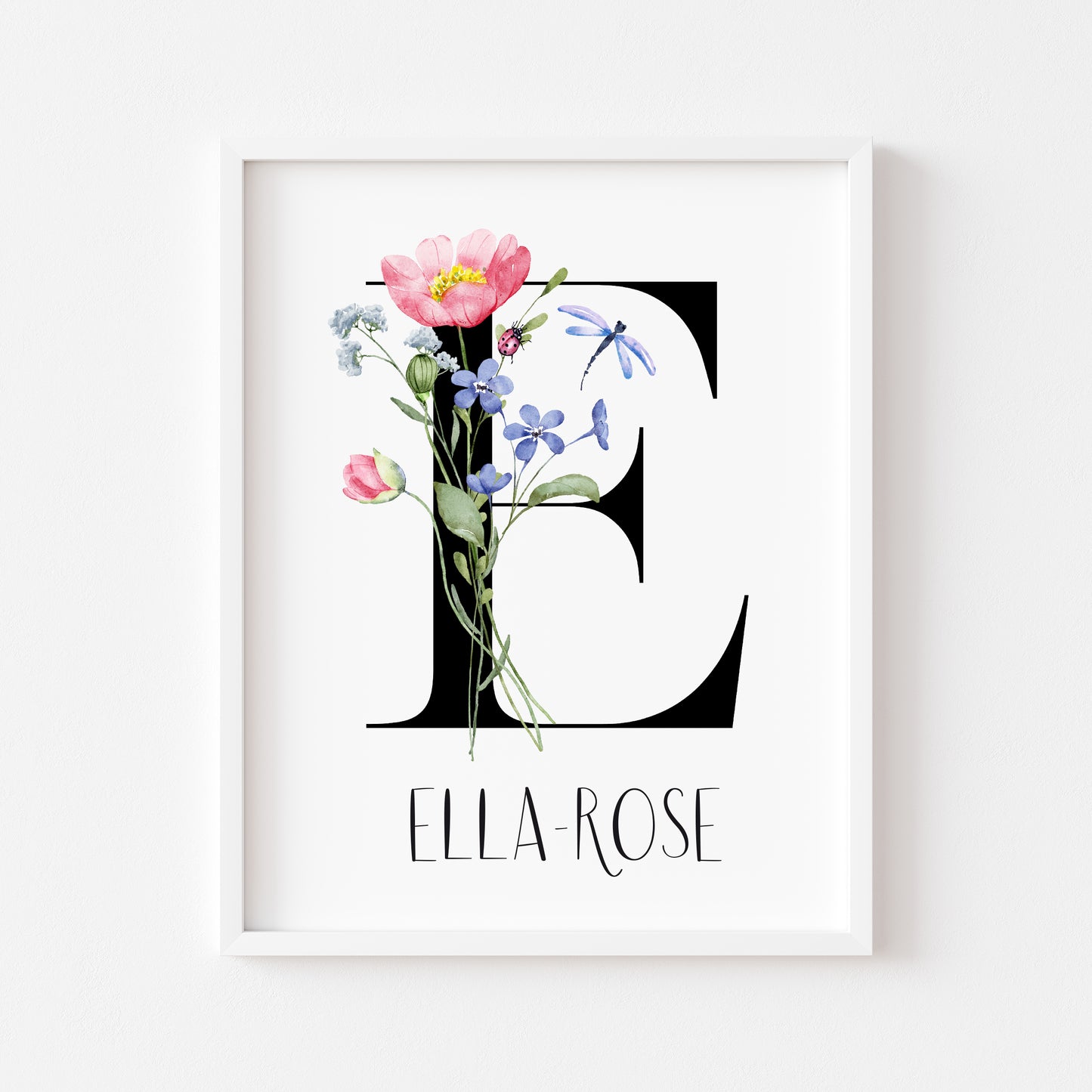 Initial wildflower black alphabet bedroom personalised unframed wall art home poster print