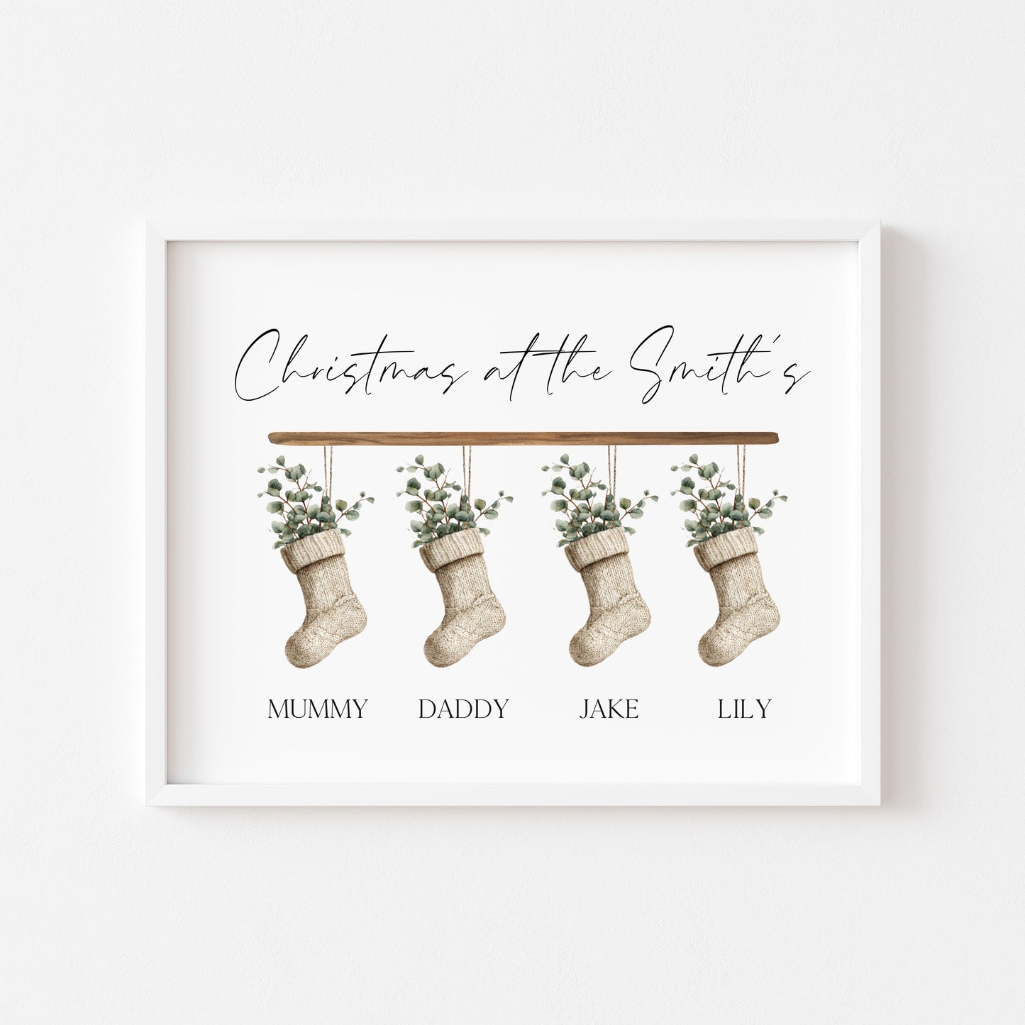 Personalised Christmas stocking family print green eucalyptus stockings unframed wall art poster print