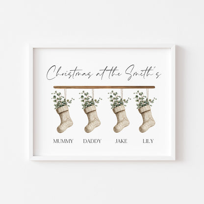 Personalised Christmas stocking family print green eucalyptus stockings unframed wall art poster print