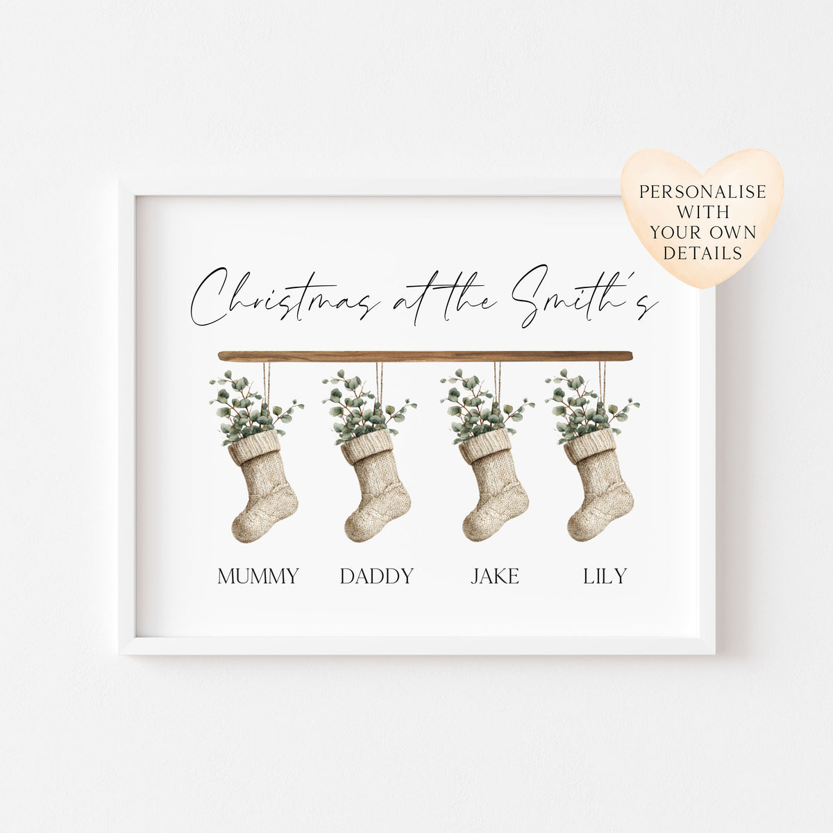 Personalised Christmas stocking family print green eucalyptus stockings unframed wall art poster print