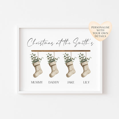 Personalised Christmas stocking family print green eucalyptus stockings unframed wall art poster print
