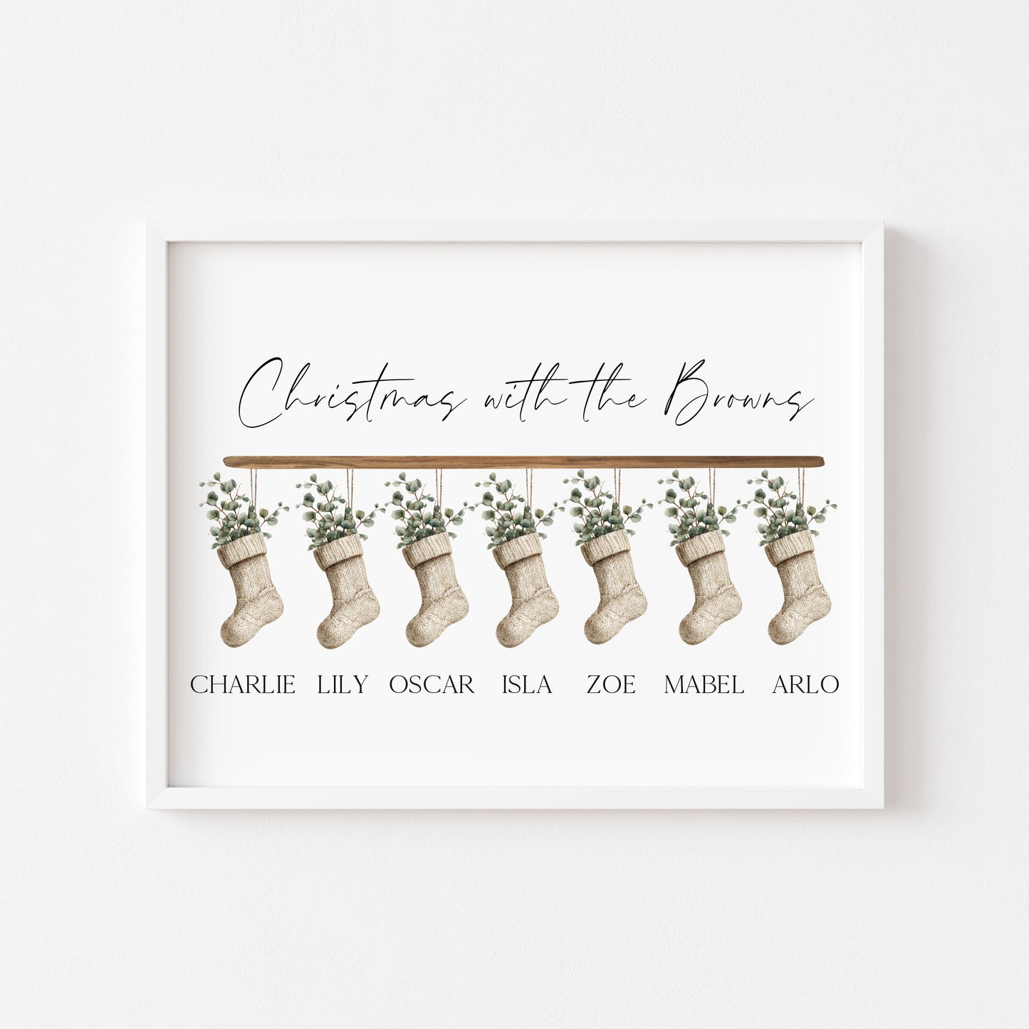 Personalised Christmas stocking family print green eucalyptus stockings unframed wall art poster print