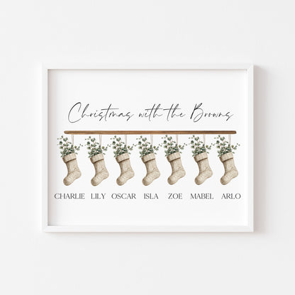 Personalised Christmas stocking family print green eucalyptus stockings unframed wall art poster print