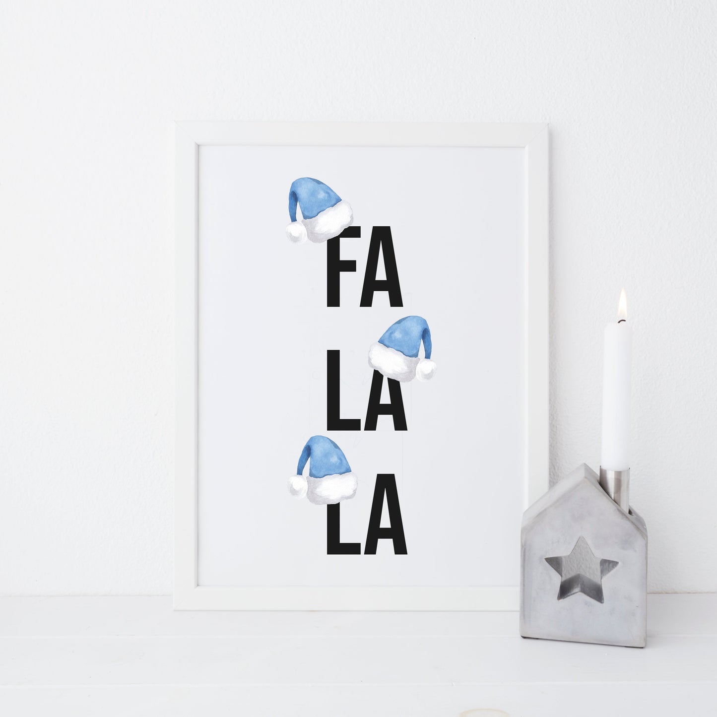 Fa la la blue Christmas Santa hat seasonal unframed Xmas wall art poster print