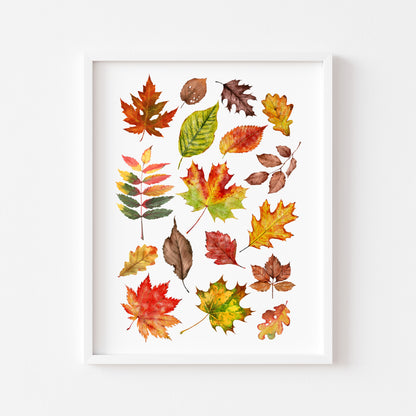 Autumn Fall leaves orange red green yellow brown watercolour foliage unframed wall art poster print
