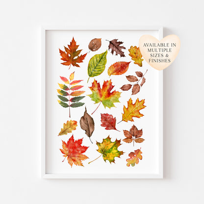 Autumn Fall leaves orange red green yellow brown watercolour foliage unframed wall art poster print