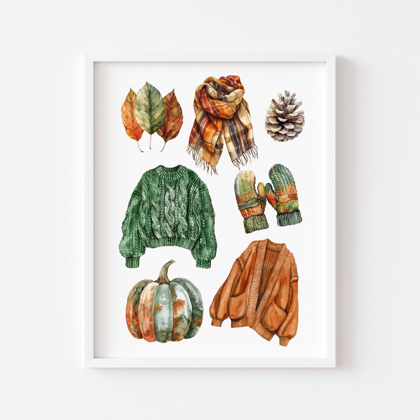 Autumn mood, Autumn cosy knit jumpers orange green rusty fall fashion unframed wall art poster print, autumn home decor autumn mood board