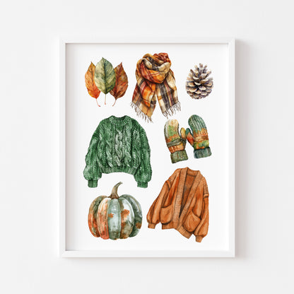 Autumn mood, Autumn cosy knit jumpers orange green rusty fall fashion unframed wall art poster print, autumn home decor autumn mood board