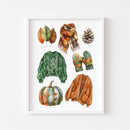 Autumn mood, Autumn cosy knit jumpers orange green rusty fall fashion unframed wall art poster print, autumn home decor autumn mood board