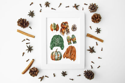 Autumn mood, Autumn cosy knit jumpers orange green rusty fall fashion unframed wall art poster print, autumn home decor autumn mood board