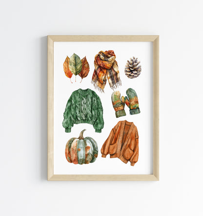 Autumn mood, Autumn cosy knit jumpers orange green rusty fall fashion unframed wall art poster print, autumn home decor autumn mood board
