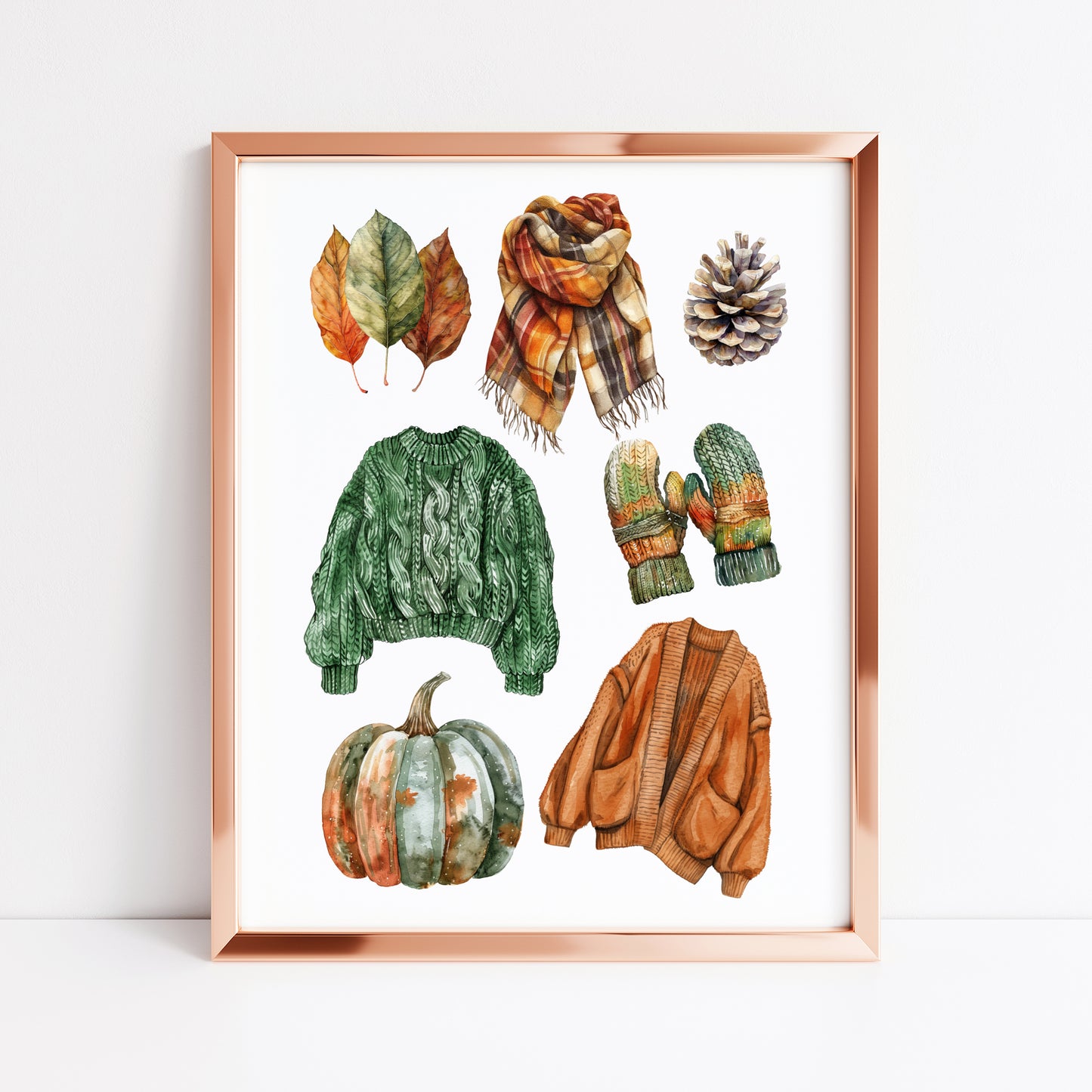 Autumn mood, Autumn cosy knit jumpers orange green rusty fall fashion unframed wall art poster print, autumn home decor autumn mood board