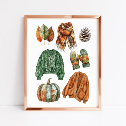 Autumn mood, Autumn cosy knit jumpers orange green rusty fall fashion unframed wall art poster print, autumn home decor autumn mood board