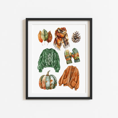 Autumn mood, Autumn cosy knit jumpers orange green rusty fall fashion unframed wall art poster print, autumn home decor autumn mood board
