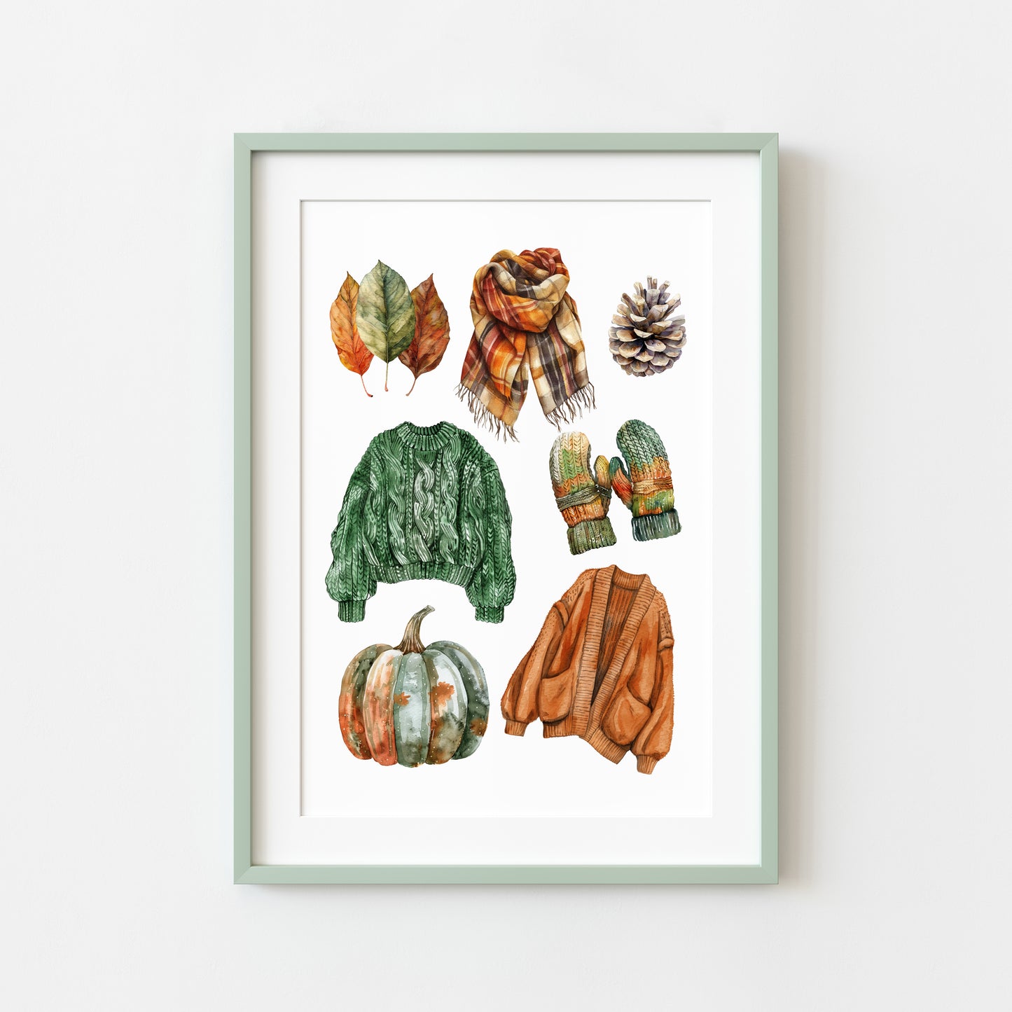 Autumn mood, Autumn cosy knit jumpers orange green rusty fall fashion unframed wall art poster print, autumn home decor autumn mood board