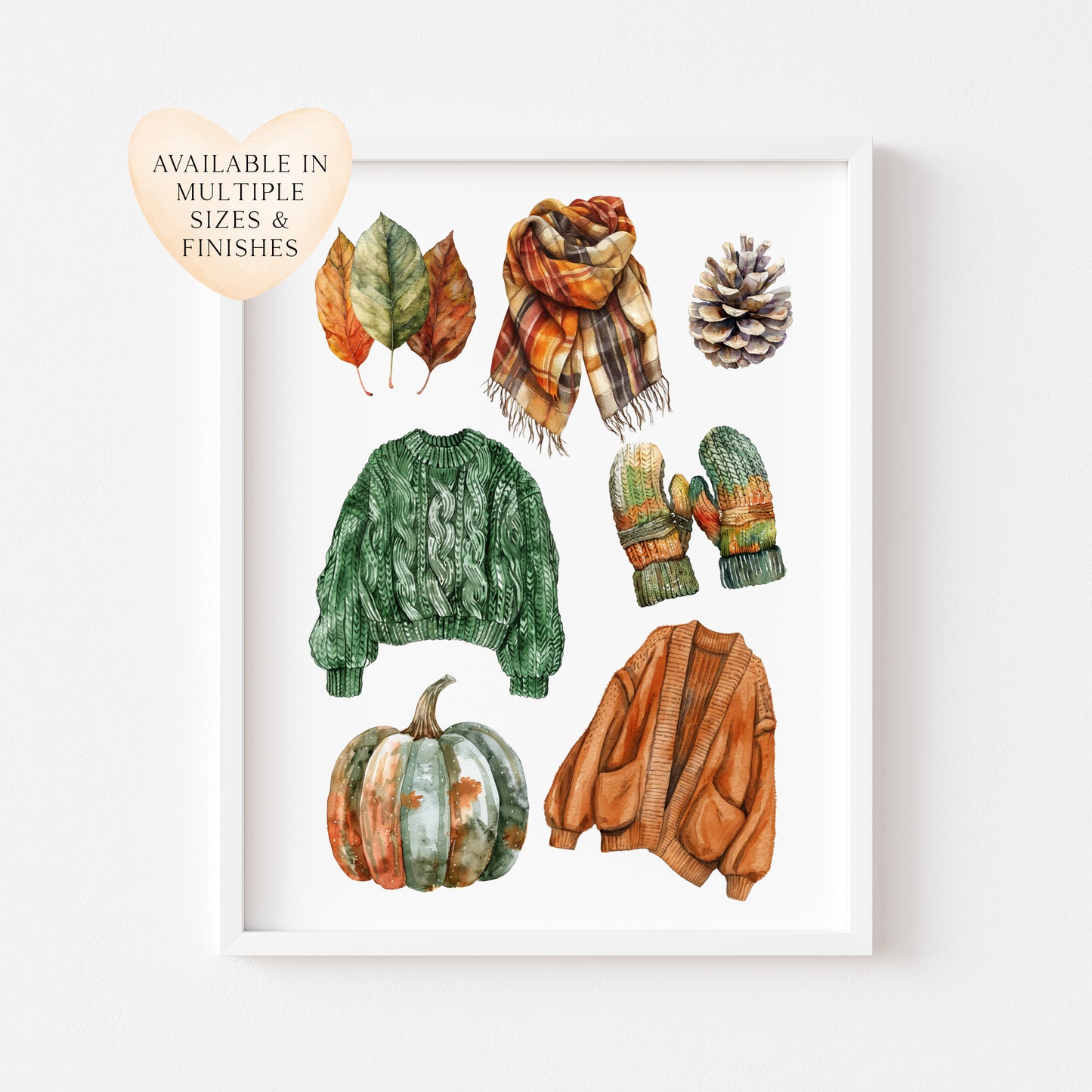 Autumn mood, Autumn cosy knit jumpers orange green rusty fall fashion unframed wall art poster print, autumn home decor autumn mood board