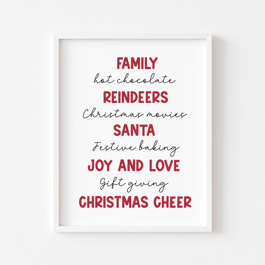 Christmas favourites, Christmas description, black, red, green, pink or grey illustration unframed wall art poster print
